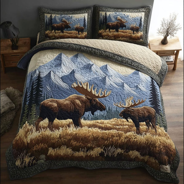 Moose Haven quilted 3-piece bedding set on a made bed with two matching pillow shams