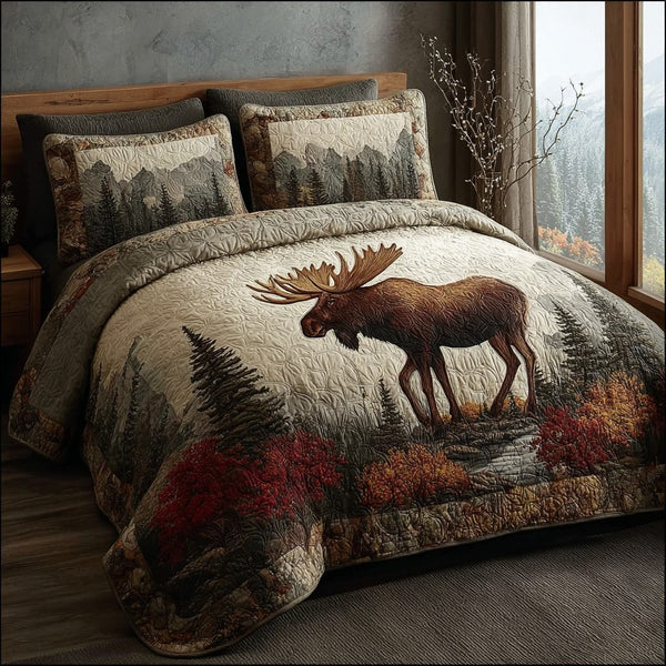 Moose Journey quilted 3-piece bedding set on a made bed with two matching pillow shams