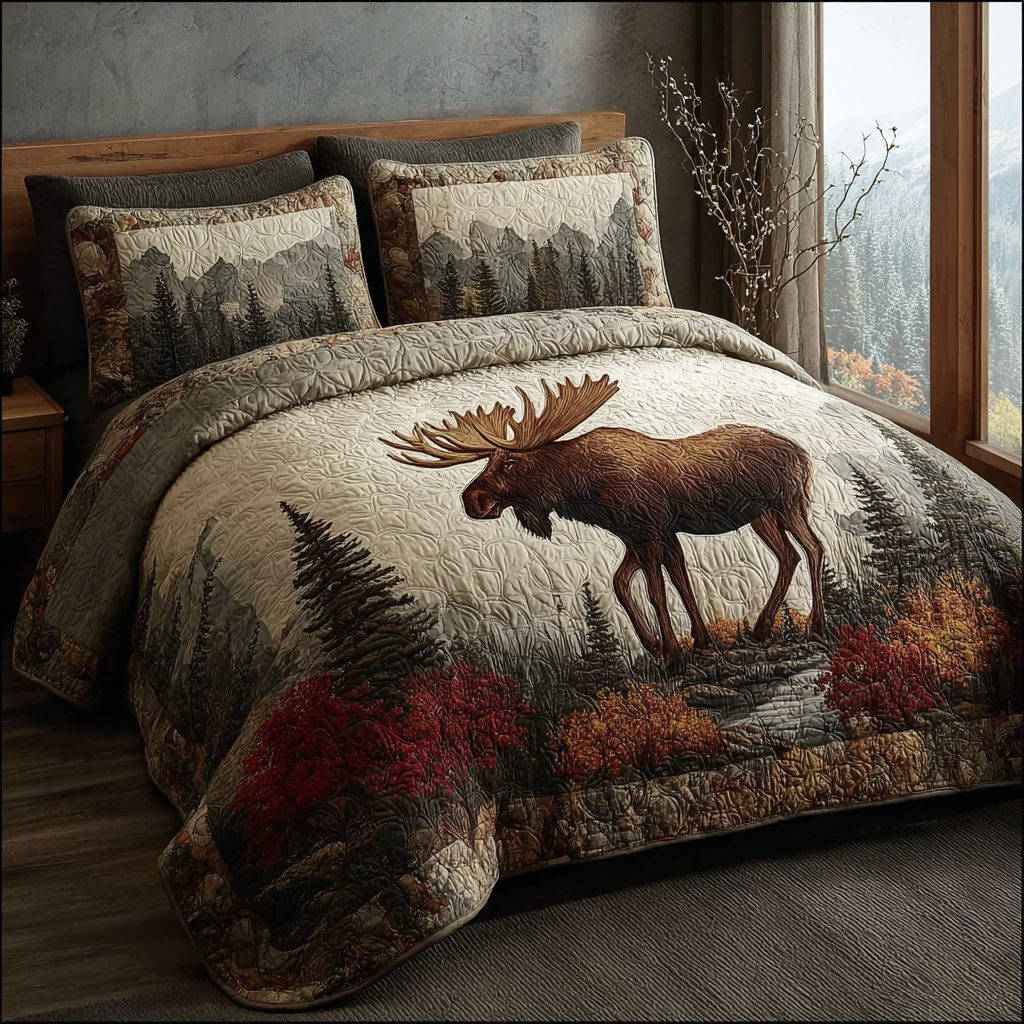 Moose Journey quilted 3-piece bedding set on a made bed with two matching pillow shams