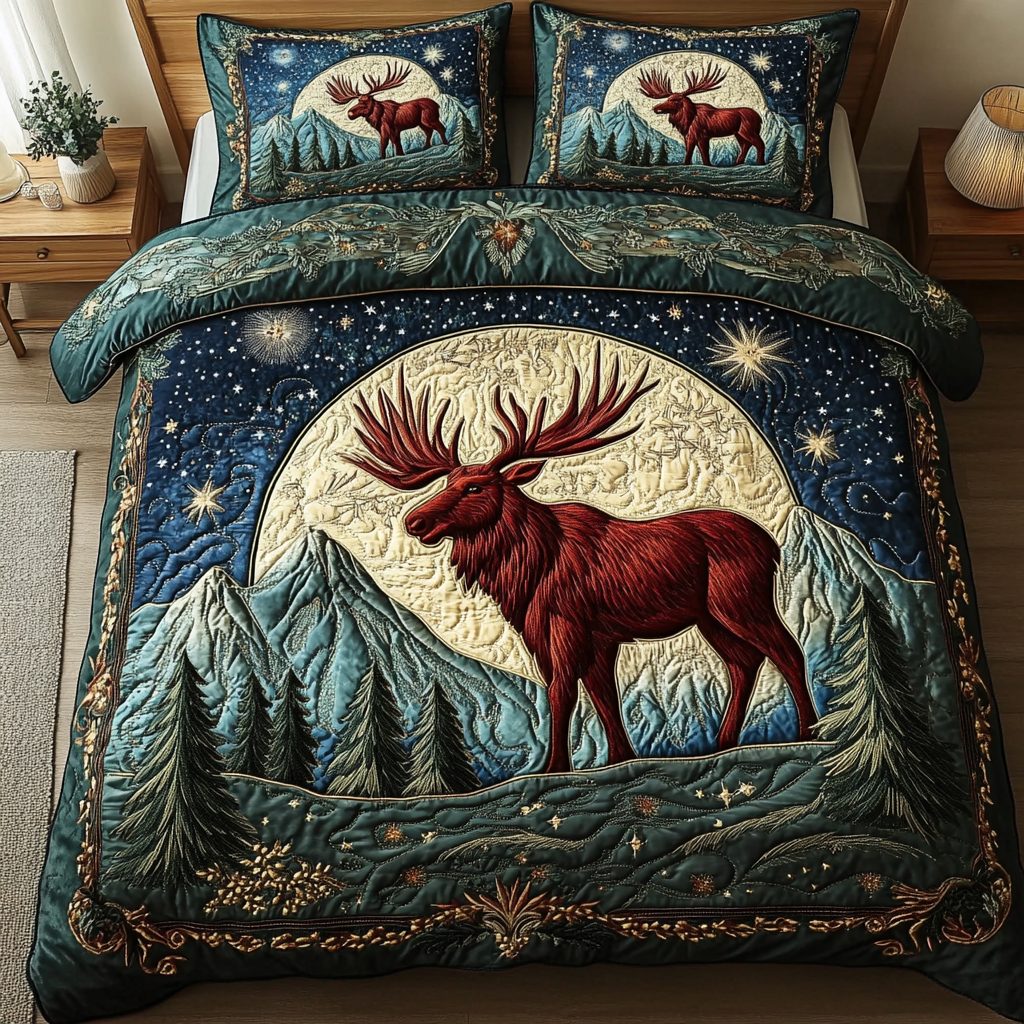 Moose Land quilted 3-piece bedding set on a made bed with two matching pillow shams