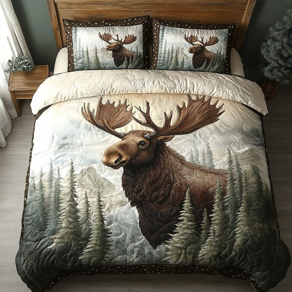 Moose Path quilted 3-piece bedding set on a made bed with two matching pillow shams
