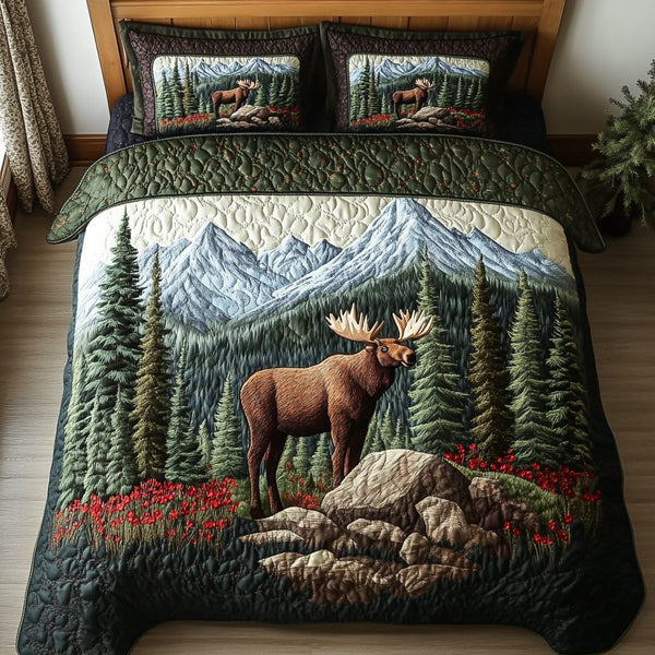 Moose Trail quilted 3-piece bedding set on a made bed with two matching pillow shams