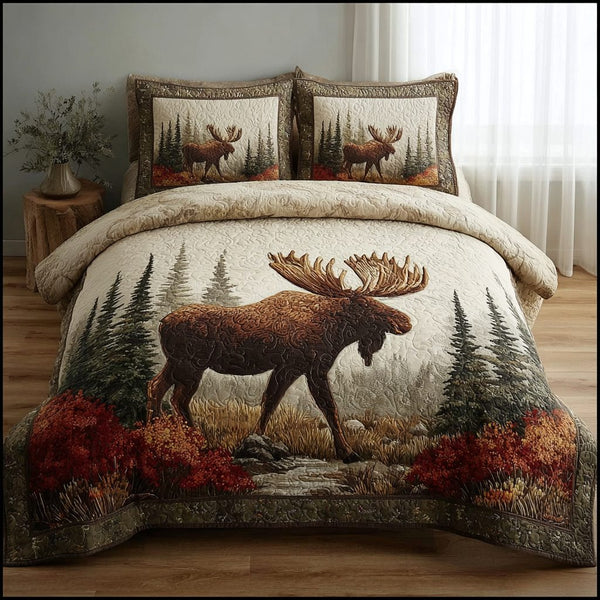 Moose Valley quilted 3-piece bedding set on a made bed with two matching pillow shams