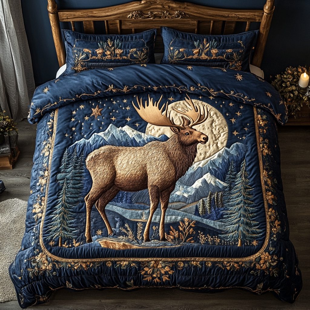 Moose Valley quilted 3-piece bedding set on a made bed with two matching pillow shams