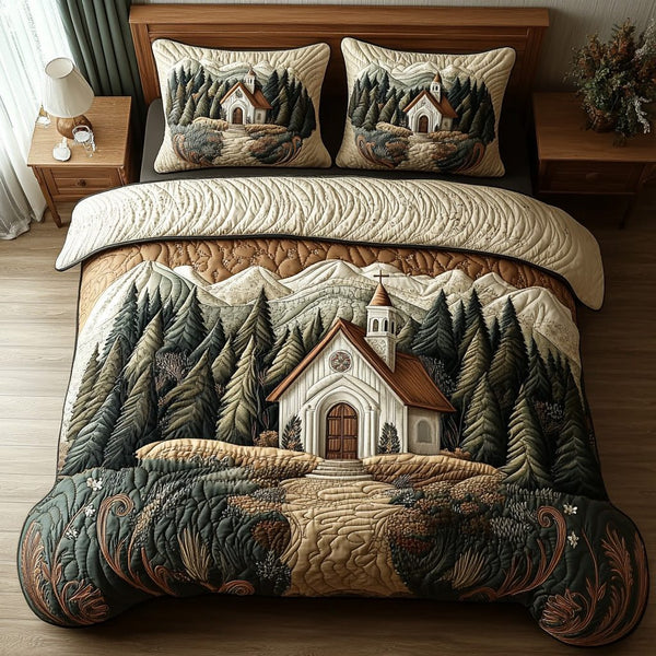 Morning Chapel quilted 3-piece bedding set on a made bed in a softly lit bedroom