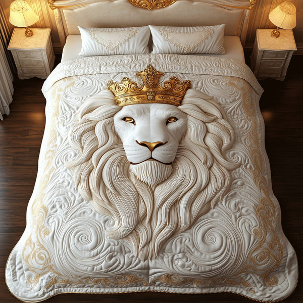 Morning Frost quilted 3-piece bedding set on a made bed in a winter-styled bedroom