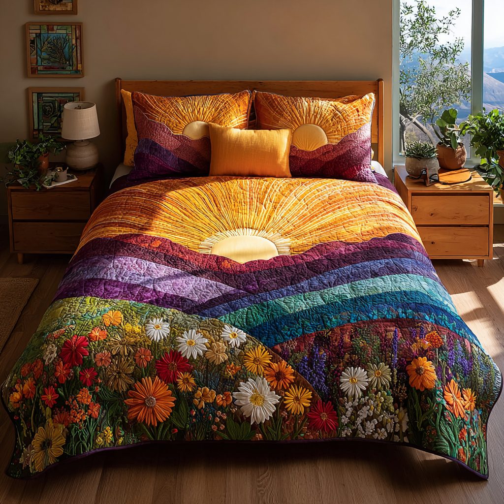 Morning Glow quilted 3-piece bedding set on a made bed with two matching pillow shams