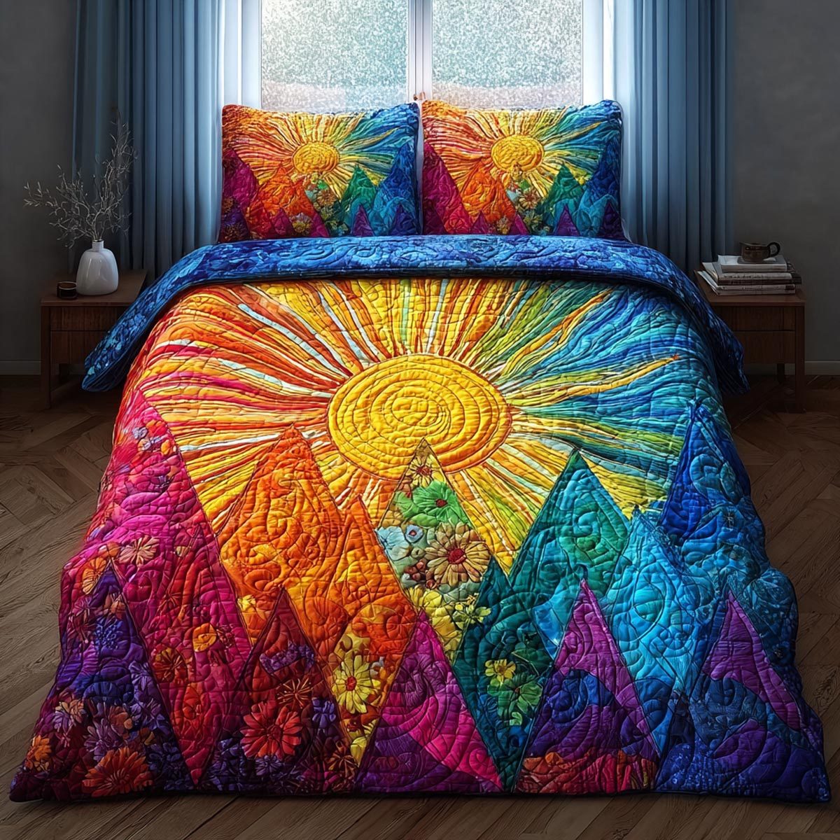 Morning Glow quilted 3-piece bedding set on a made bed with two matching pillow shams