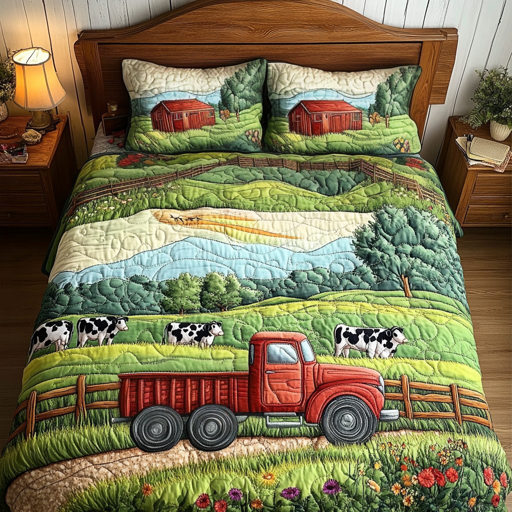 Morning Graze quilted 3-piece bedding set on a made bed with two matching pillow shams