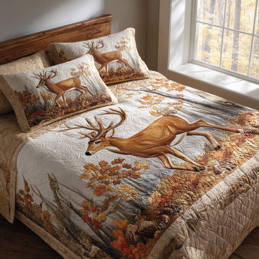 Morning Light Deer quilted 3-piece bedding set on a made bed with two matching pillow shams