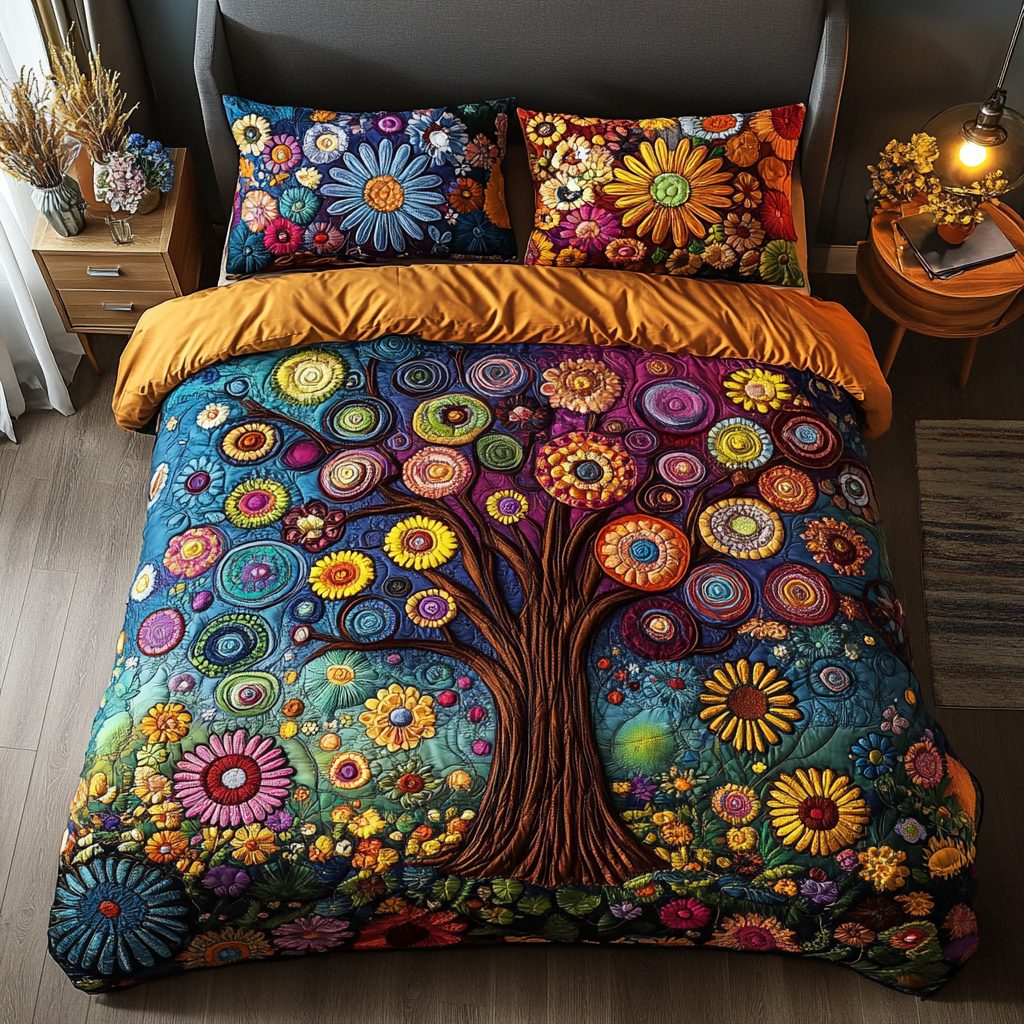 Morning Meadow quilted 3-piece bedding set on a made bed with two matching pillow shams