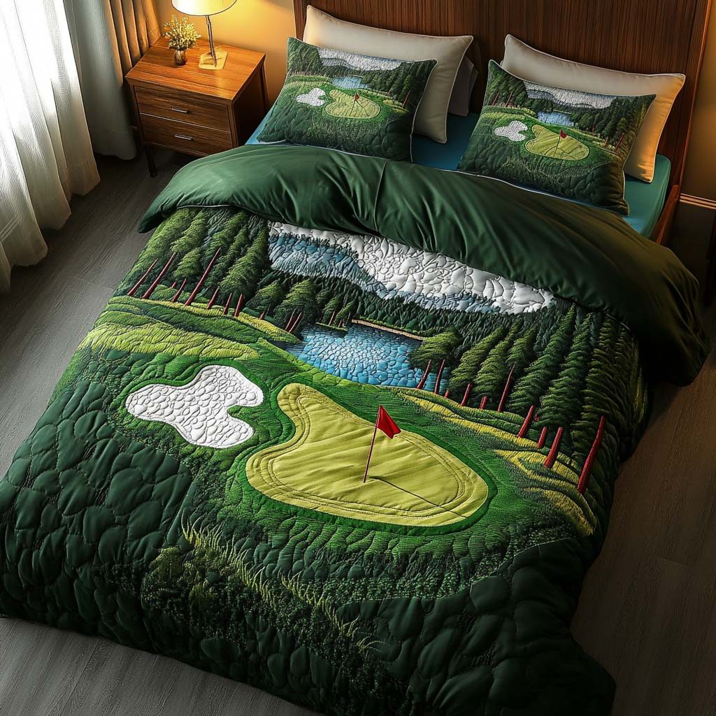 Morning Mist Golf Course quilted 3-piece bedding set on a made bed with two matching pillow shams
