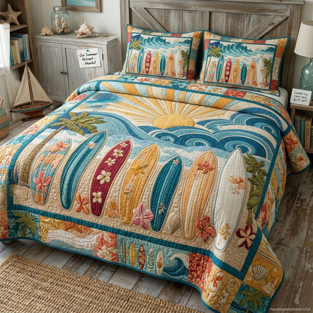 Morning Surf Lounger quilted 3-piece bedding set on a made bed in a light coastal bedroom