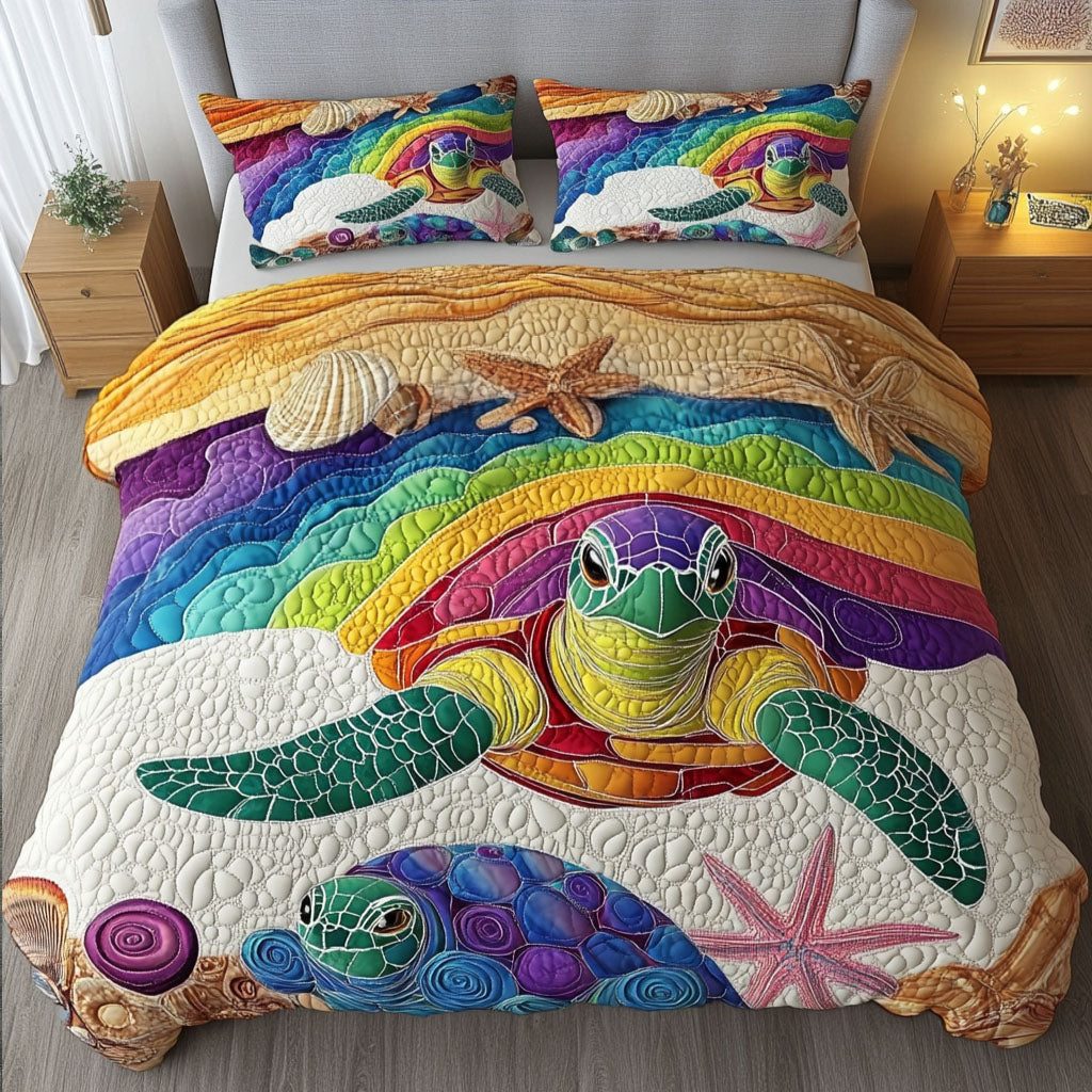 Morning Tide quilted 3-piece bedding set on a made bed in a light coastal bedroom