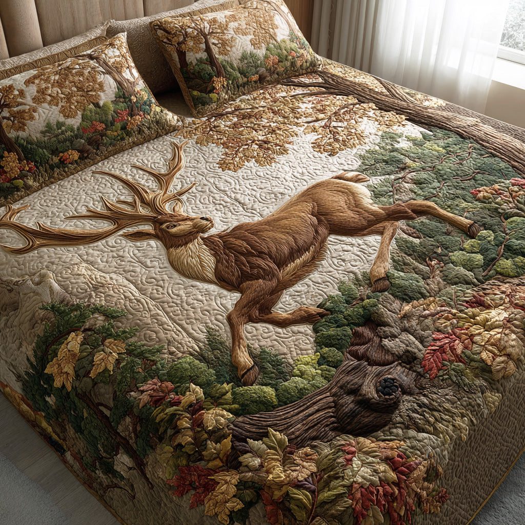 Moss Haven quilted 3-piece bedding set on a made bed with two matching pillow shams
