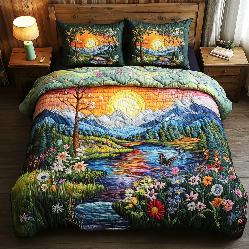 Moss Meadow quilted 3-piece bedding set on a made bed with two matching pillow shams