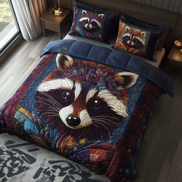Mossy Hollow Raccoon quilted 3-piece bedding set on a made bed with two matching pillow shams