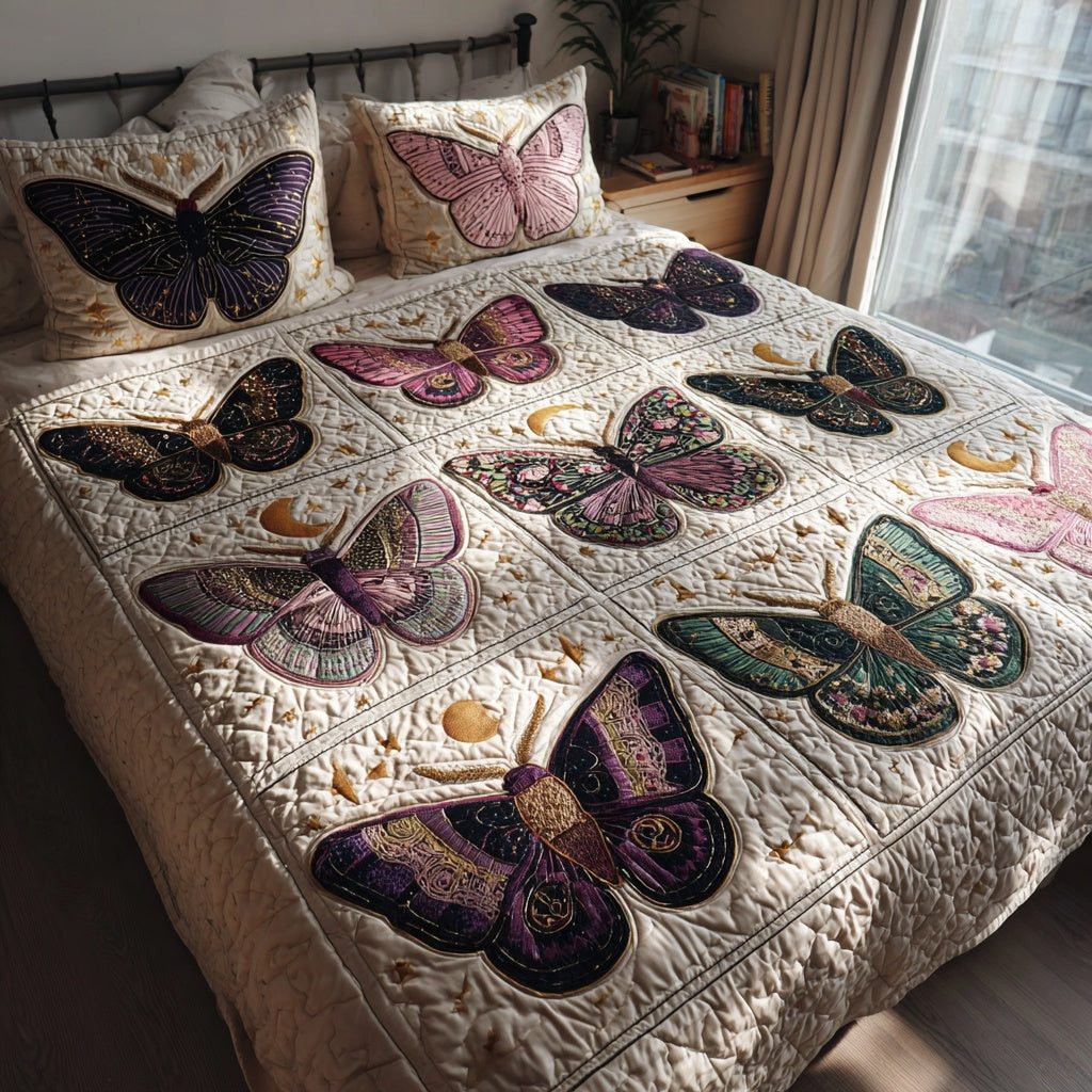 Moth Grid quilted 3-piece bedding set on a made bed with two matching pillow shams