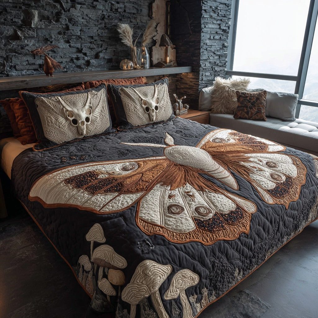 Moth Mushrooms quilted 3-piece bedding set on a made bed with two matching pillow shams