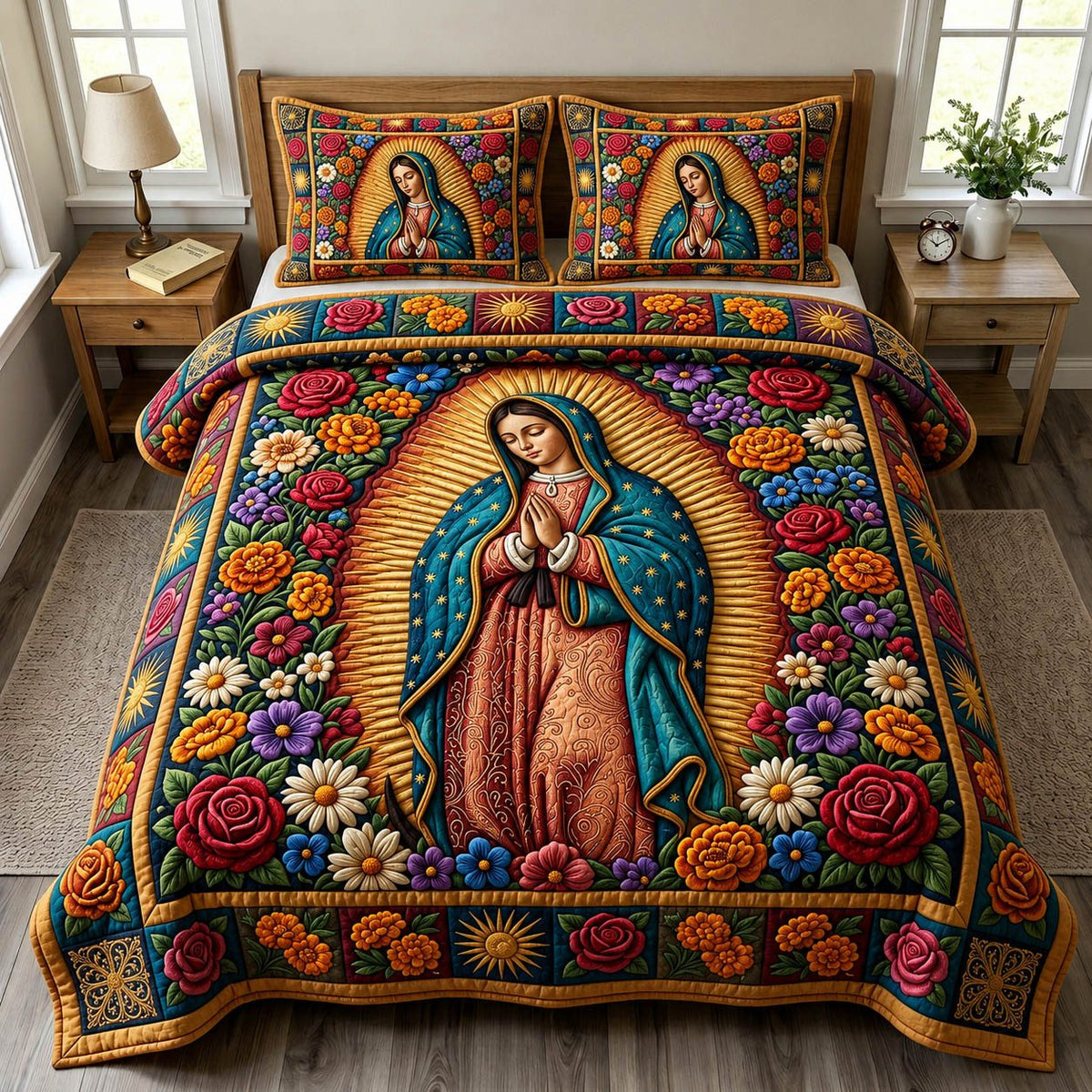 Mother Mary quilted 3-piece bedding set on a made bed with two matching pillow shams