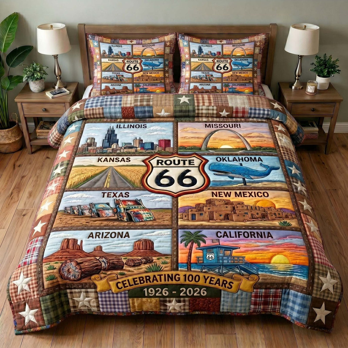 Mother Road quilted 3-piece bedding set on a made bed with two matching pillow shams