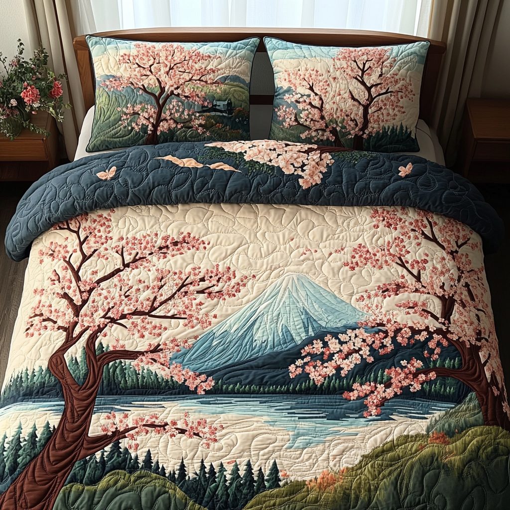 Mount Fuji Bloom quilted 3-piece bedding set on a made bed with two matching pillow shams