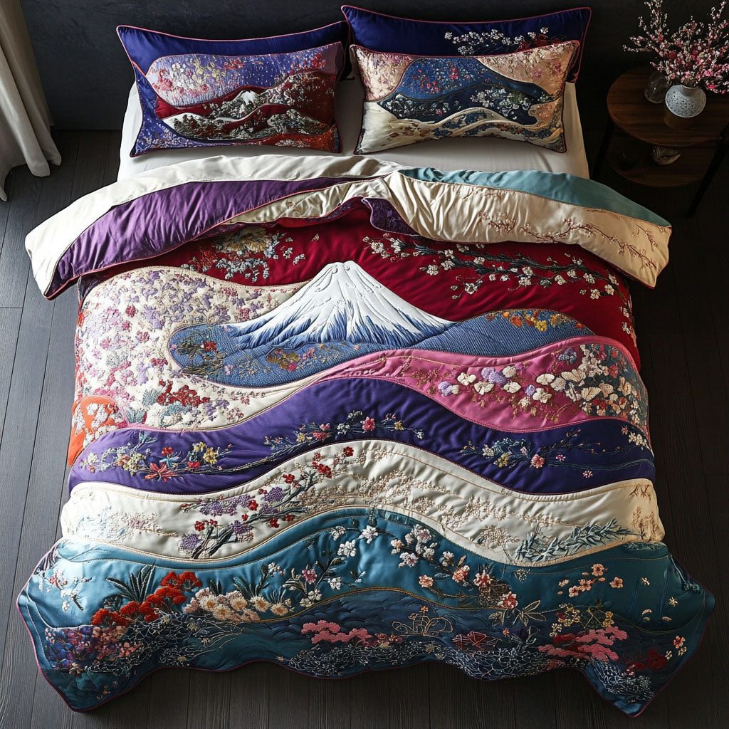 Mount Fuji Reflections quilted 3-piece bedding set on a made bed with two matching pillow shams