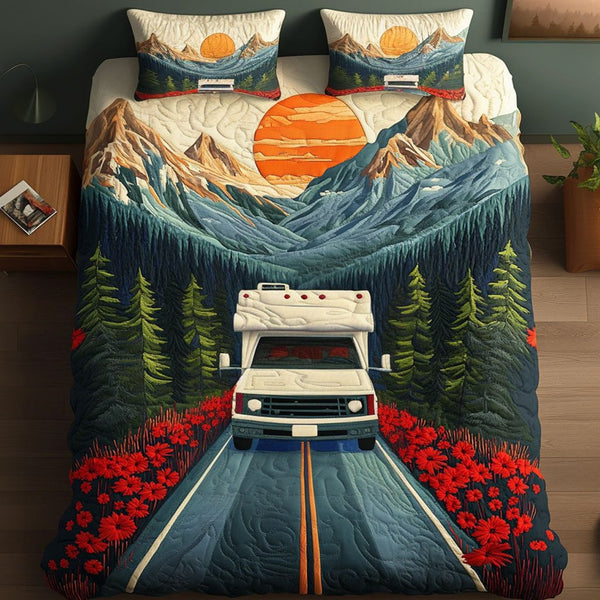 Mountain Adventure quilted 3-piece bedding set on a made bed in a winter-styled bedroom