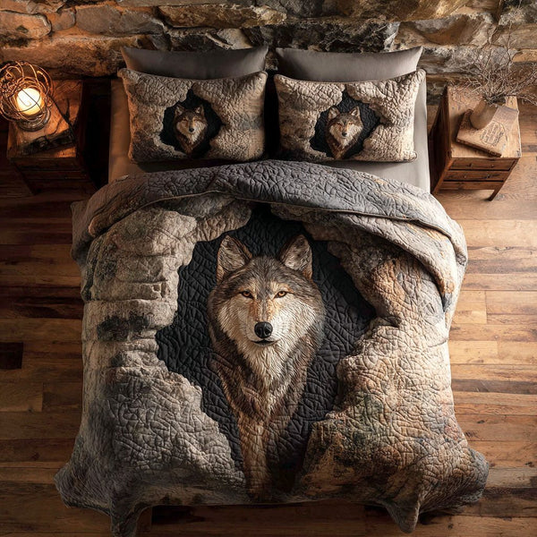 Mountain Alpha quilted 3-piece bedding set on a made bed with two matching pillow shams