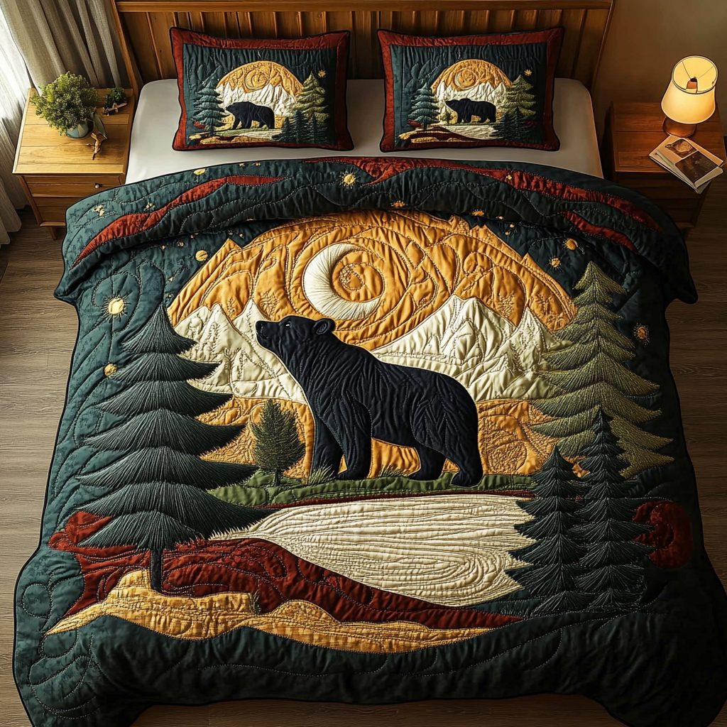 Mountain Bear quilted 3-piece bedding set on a made bed with two matching pillow shams