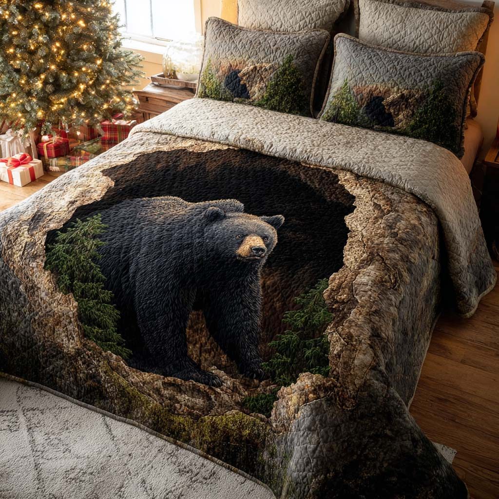 Mountain Bear quilted 3-piece bedding set on a made bed with two matching pillow shams