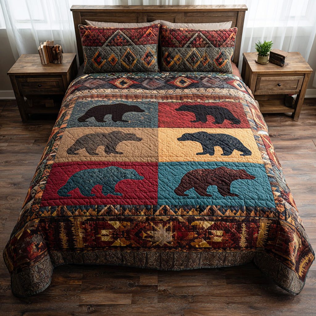 Mountain Bear quilted 3-piece bedding set on a made bed with two matching pillow shams