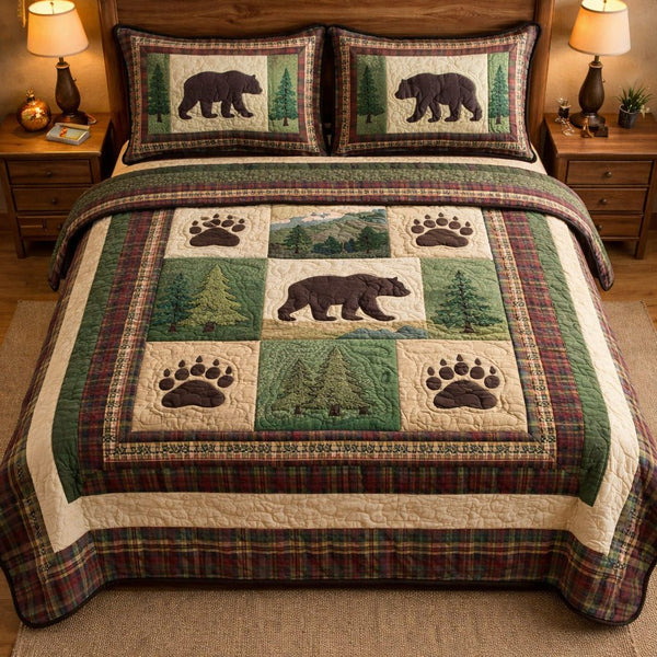 Mountain Bear quilted 3-piece bedding set on a made bed with two matching pillow shams