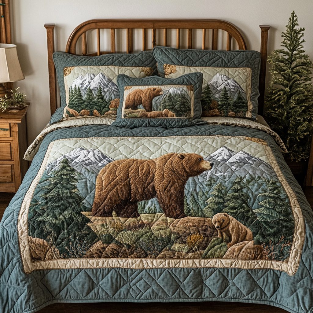 Mountain Bear quilted 3-piece bedding set on a made bed with two matching pillow shams