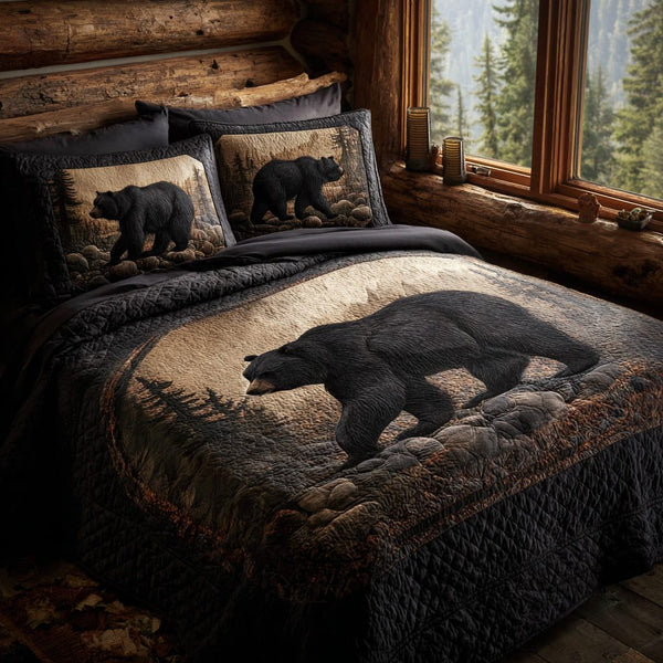 Mountain Black Bear quilted 3-piece bedding set on a made bed with two matching pillow shams