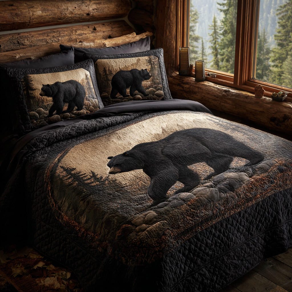 Mountain Black Bear quilted 3-piece bedding set on a made bed with two matching pillow shams