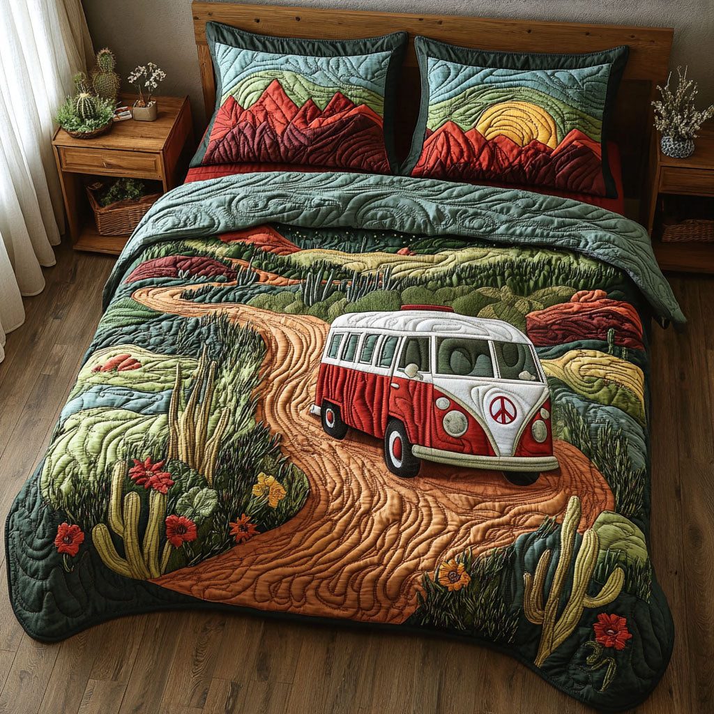 Mountain Bound quilted 3-piece bedding set on a made bed with two matching pillow shams