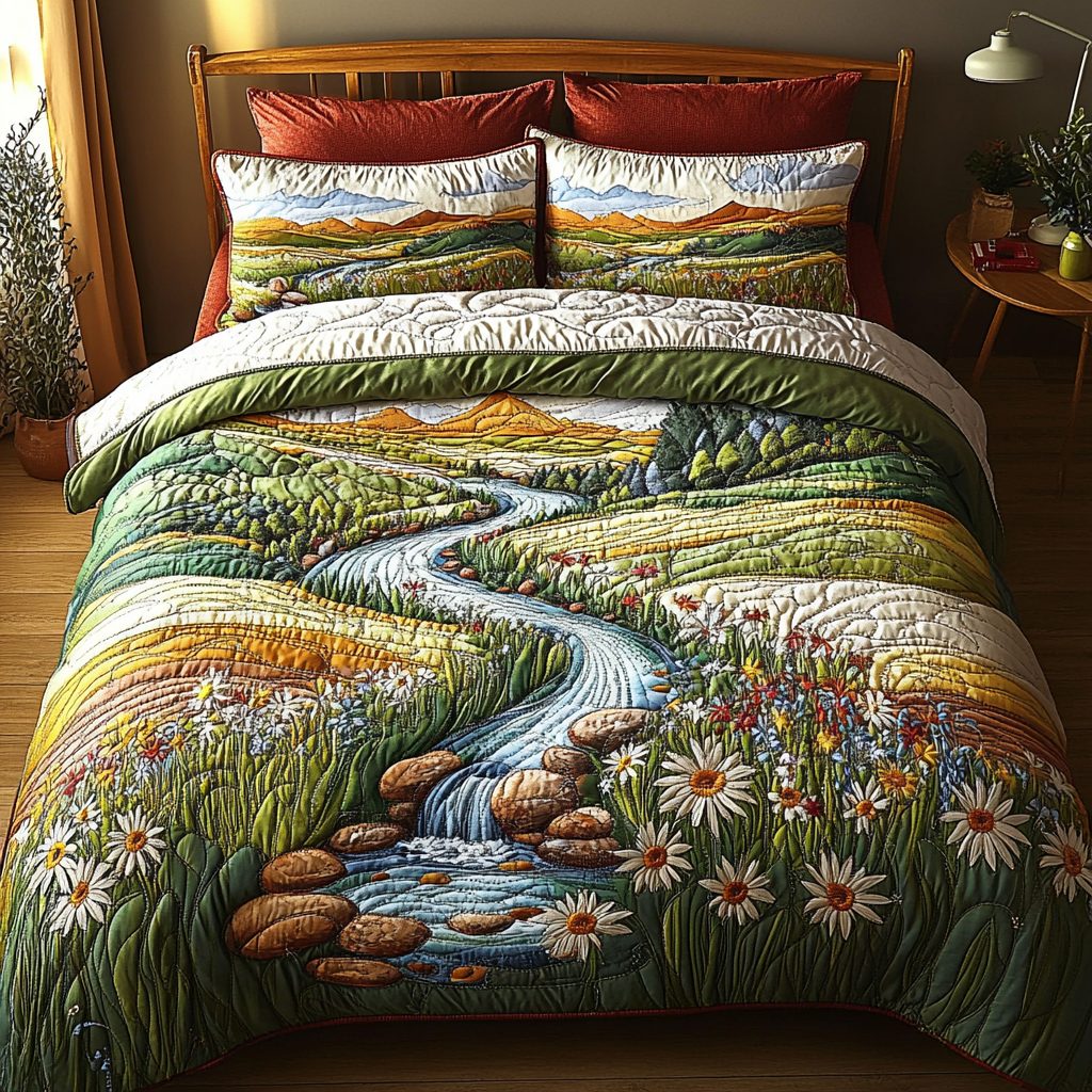 Mountain Breeze quilted 3-piece bedding set on a made bed with two matching pillow shams