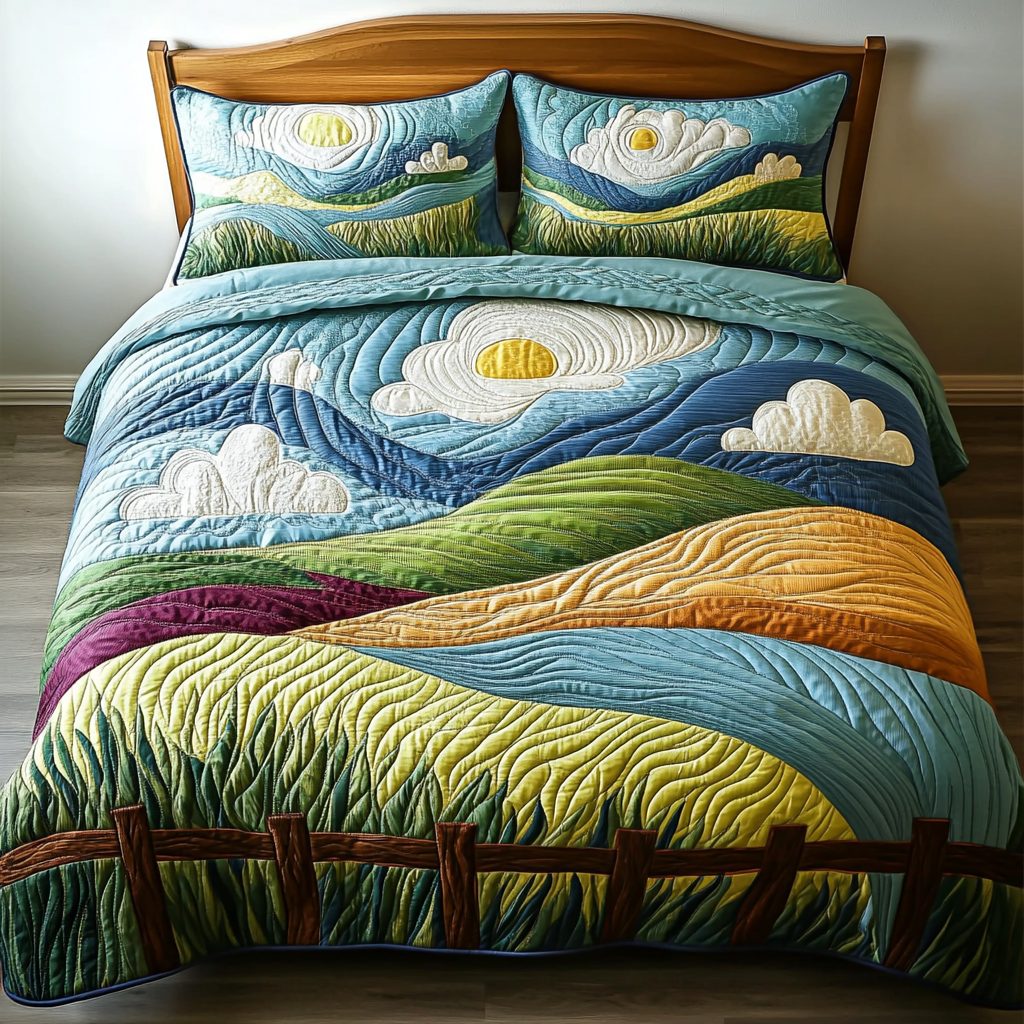 Mountain Breeze quilted 3-piece bedding set on a made bed with two matching pillow shams