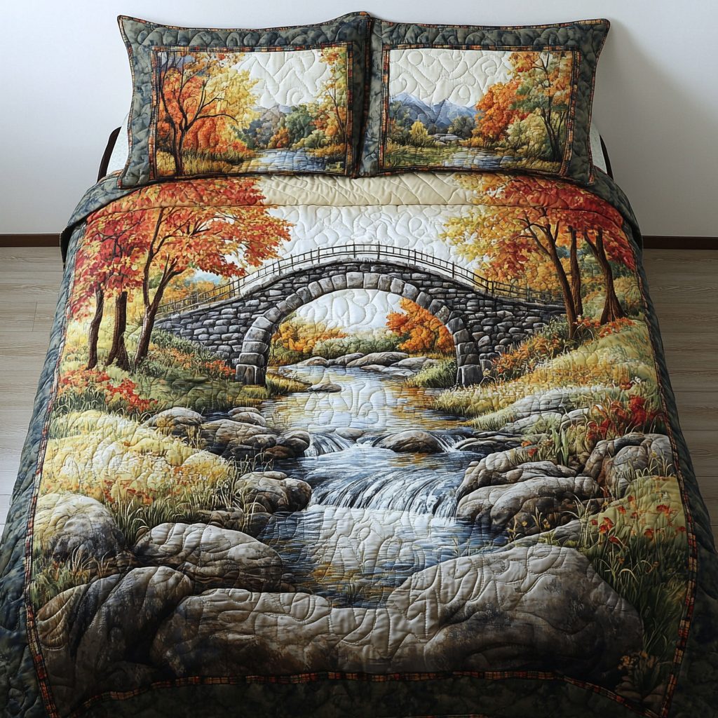 Mountain Breeze quilted 3-piece bedding set on a made bed with two matching pillow shams