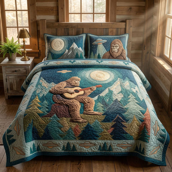 Mountain Camp quilted 3-piece bedding set on a made bed with two matching pillow shams