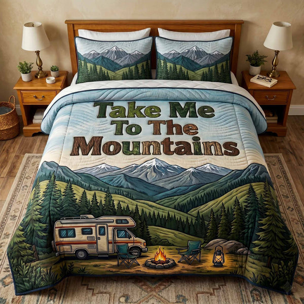 Mountain Camp quilted 3-piece bedding set on a made bed with two matching pillow shams