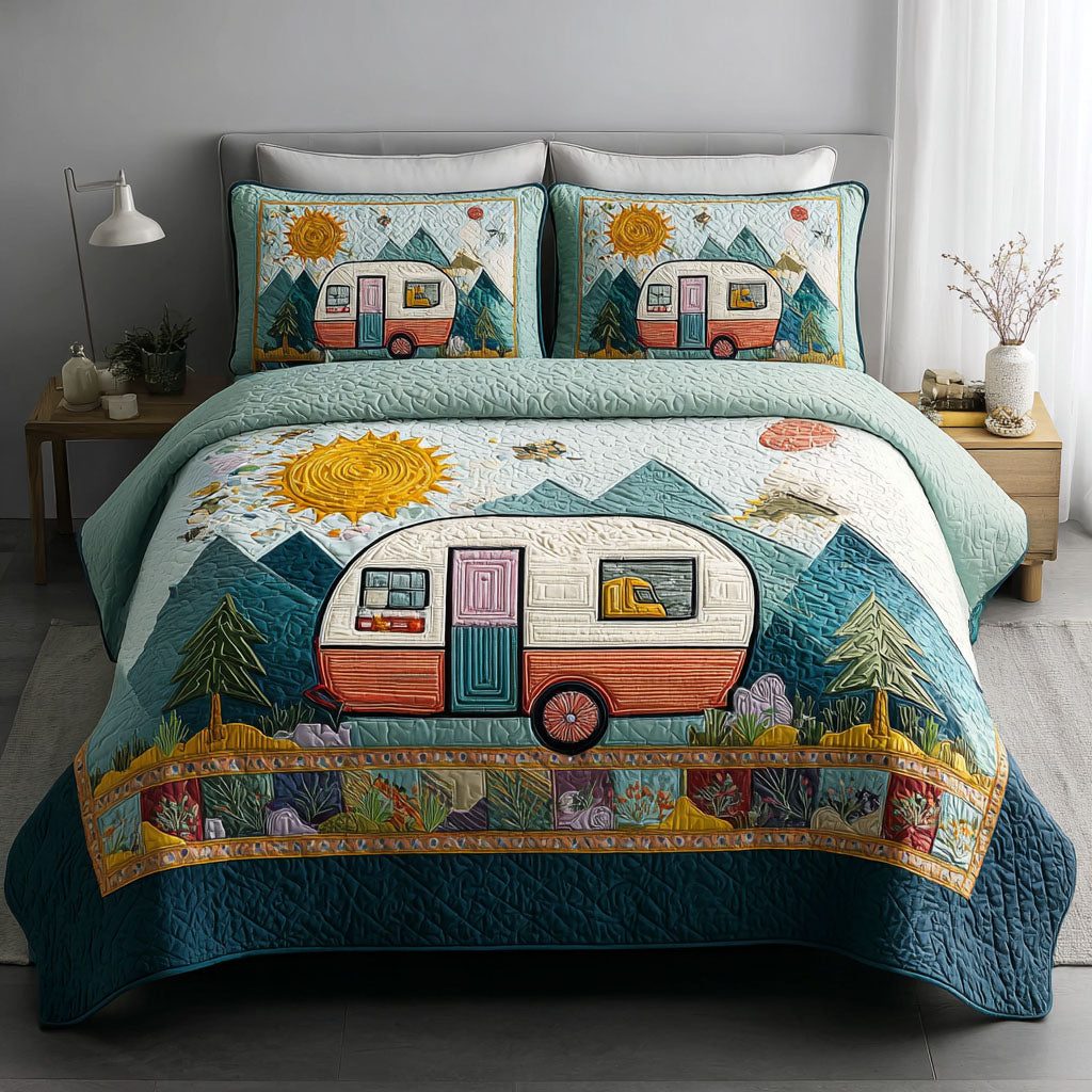 Mountain Camper quilted 3-piece bedding set on a made bed with two matching pillow shams