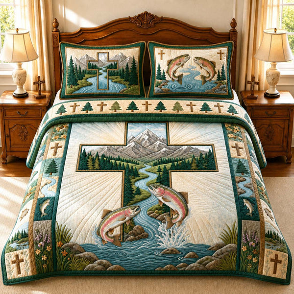 Mountain Cross Fishing quilted 3-piece bedding set on a made bed in a softly lit bedroom