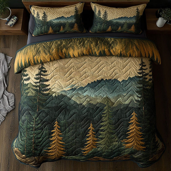 Mountain Dawn quilted 3-piece bedding set on a made bed with two matching pillow shams