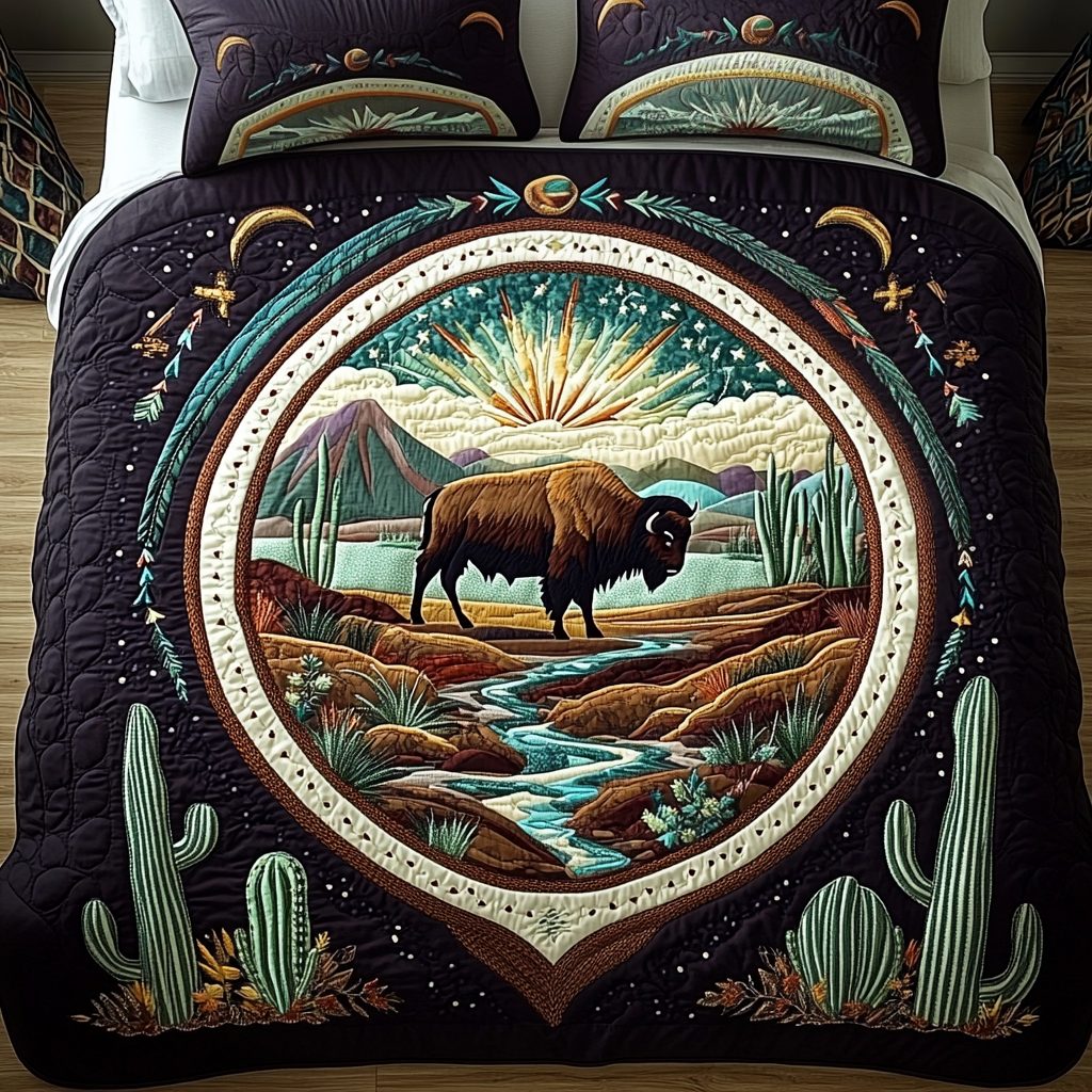 Mountain Echo quilted 3-piece bedding set on a made bed with two matching pillow shams