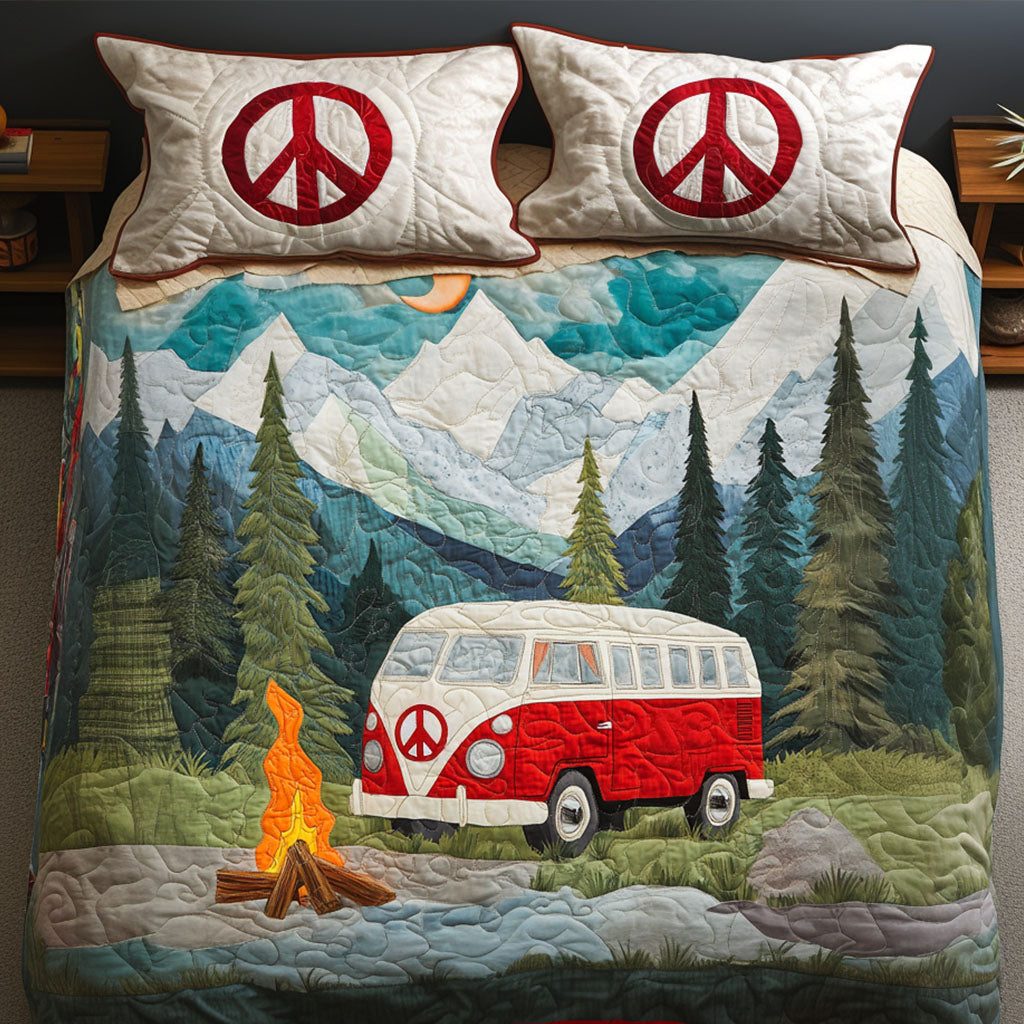 Mountain Escape quilted 3-piece bedding set on a made bed with two matching pillow shams