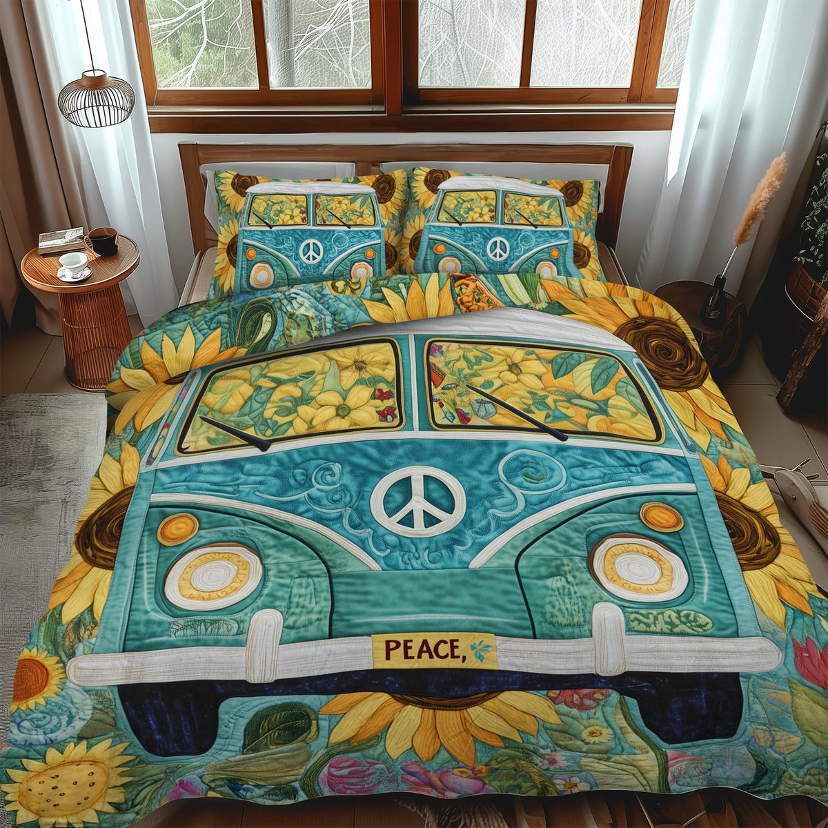 Mountain Escape quilted 3-piece bedding set on a made bed with two matching pillow shams