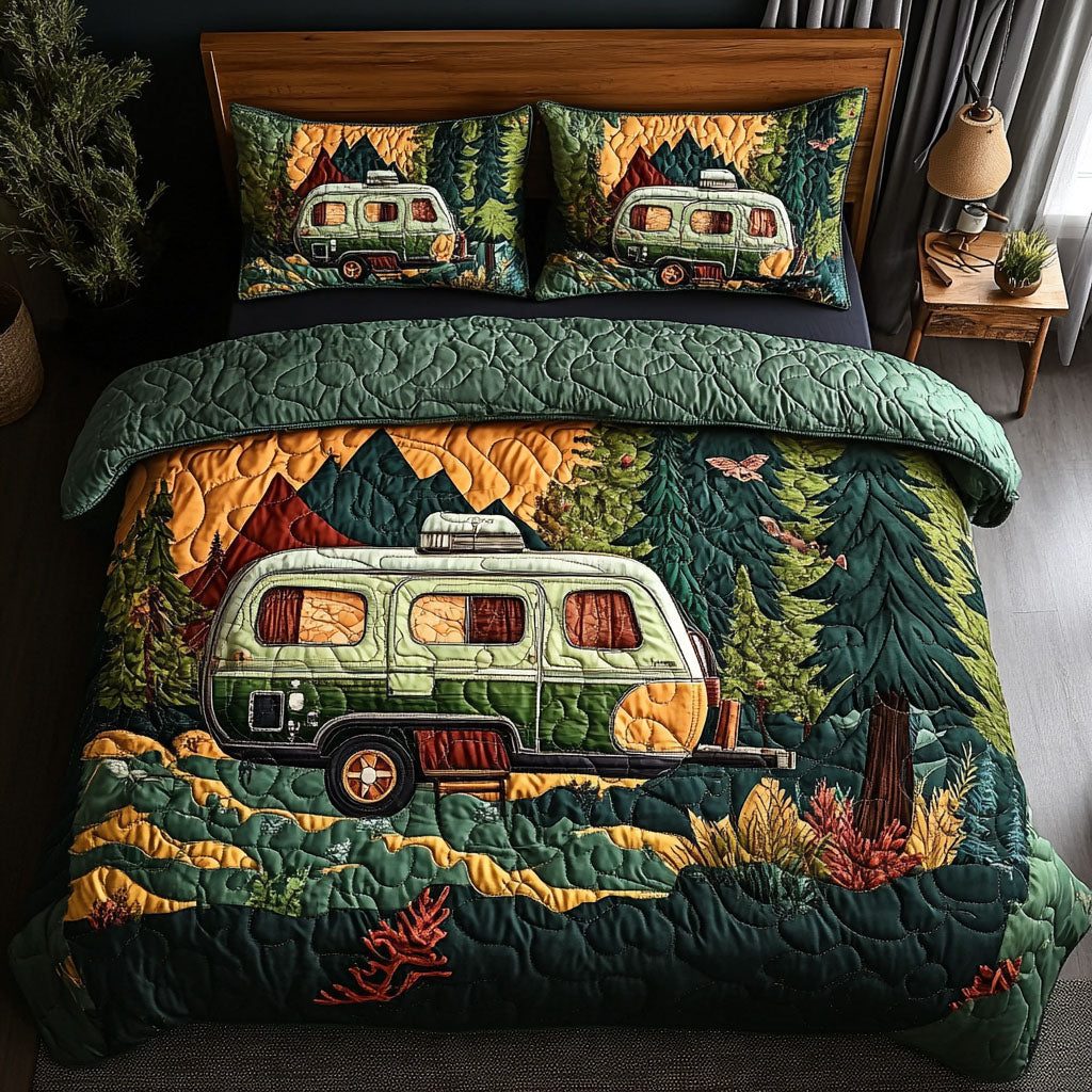 Mountain Expedition quilted 3-piece bedding set on a made bed with two matching pillow shams