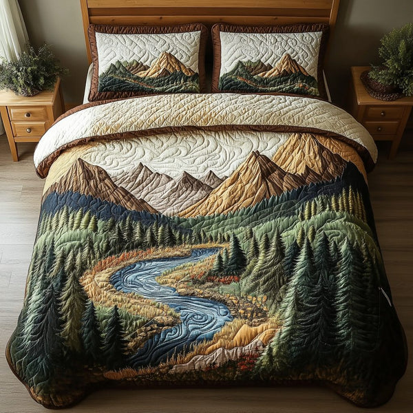 Mountain Flow quilted 3-piece bedding set on a made bed with two matching pillow shams